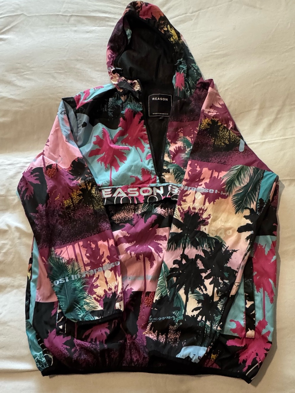Reason Brand Tropical Palm Print Windbreaker Quarter Zip Jacket
Hooded large